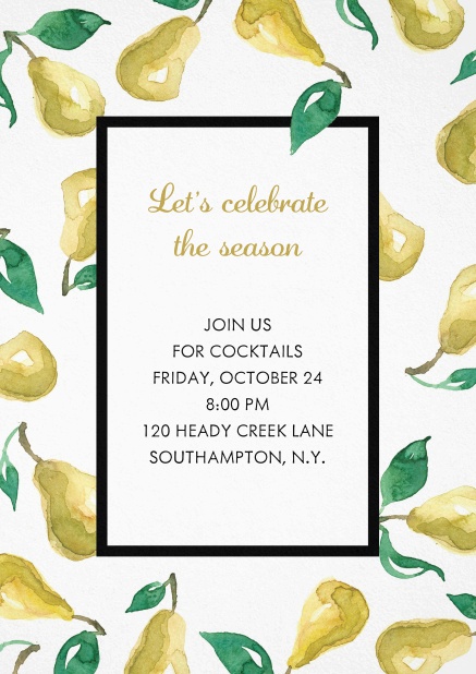 Pear Harvest feast Invitation card with pears and black frame.