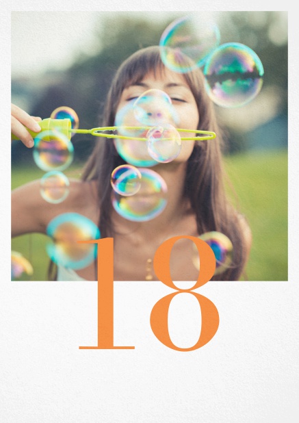 18. Geburtstagskarte mit Fotofeld und editierbarem Textfeld halb auf dem Foto. Orange.
