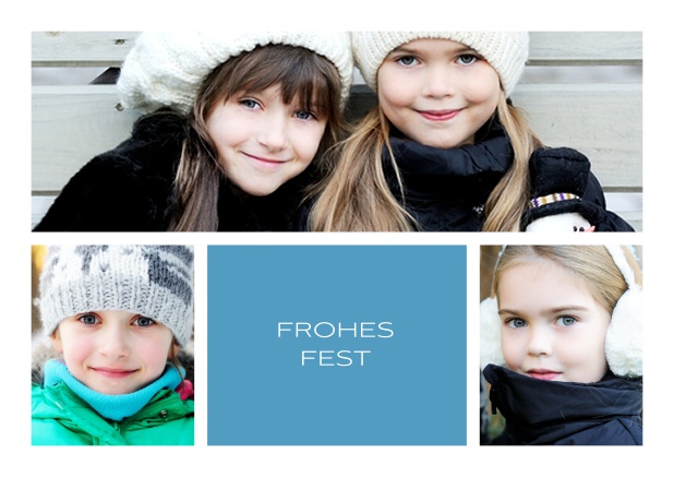 Online Weihnachtskarte mit vorne Drei Fotos und Frohes Fest Text und mehreren Fotooptionen auf den weiteren Seiten. Blau.