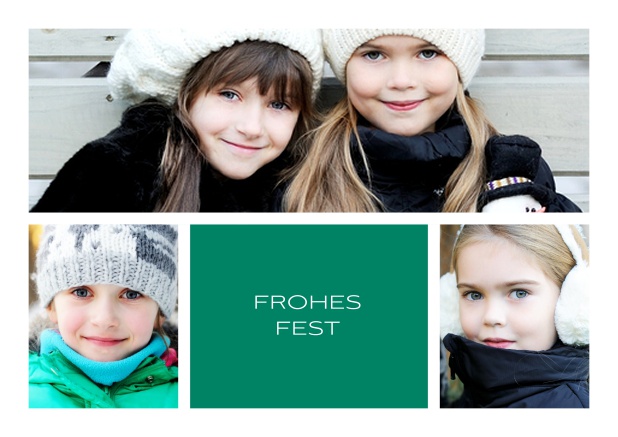 Online Weihnachtskarte mit vorne Drei Fotos und Frohes Fest Text und mehreren Fotooptionen auf den weiteren Seiten. Grün.