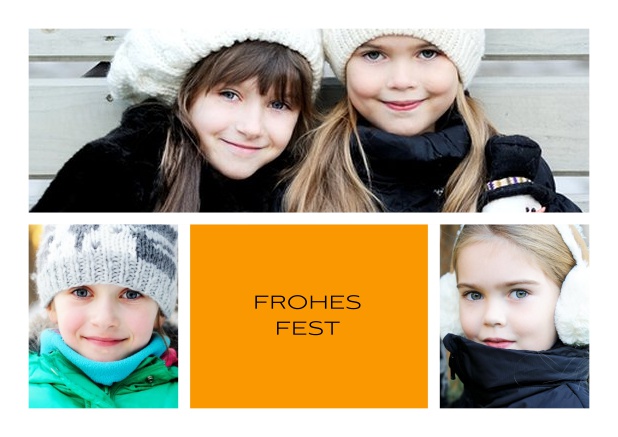 Online Weihnachtskarte mit vorne Drei Fotos und Frohes Fest Text und mehreren Fotooptionen auf den weiteren Seiten. Orange.