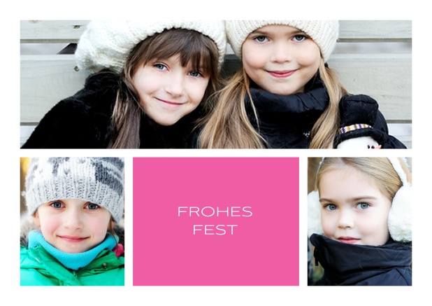 Online Weihnachtskarte mit vorne Drei Fotos und Frohes Fest Text und mehreren Fotooptionen auf den weiteren Seiten. Rosa.