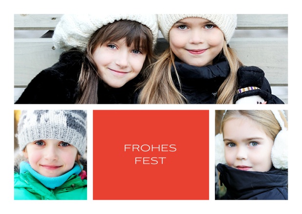 Online Weihnachtskarte mit vorne Drei Fotos und Frohes Fest Text und mehreren Fotooptionen auf den weiteren Seiten. Rot.