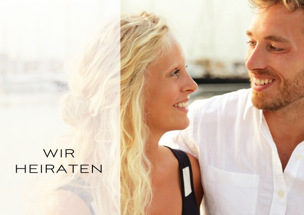 Online Hochzeitseinladung mit Foto und transparenter Fläche für Text auf der linken Seite. Weiss.
