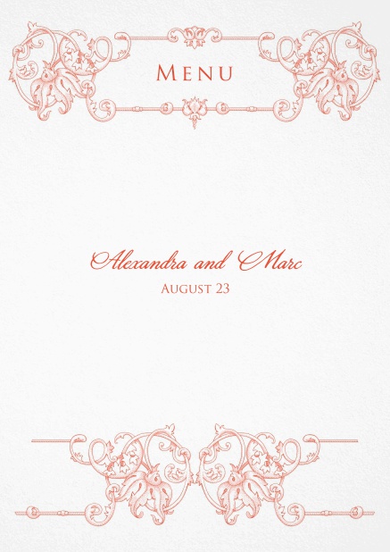 Formal menu card for weddings and precious birthdays with red deco at the top.