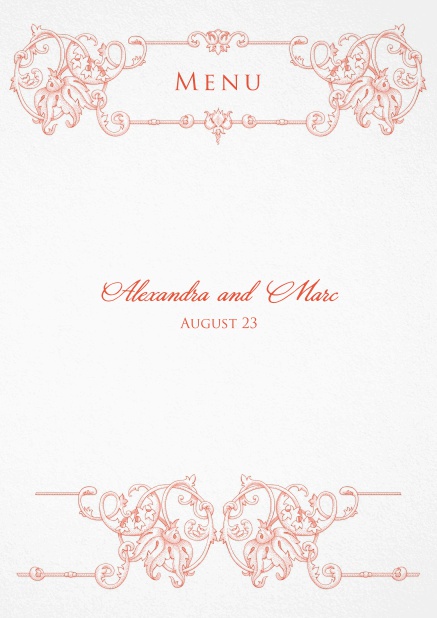 Formal menu card for weddings and precious birthdays with red deco at the top.