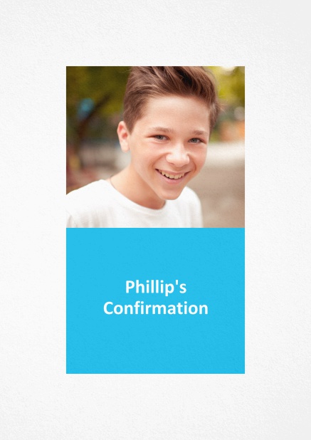 Confirmation invitation card in portrait format with customizable colored text box. Blue.