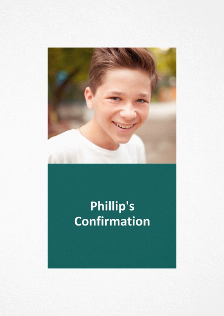 Confirmation invitation card in portrait format with customizable colored text box. Green.