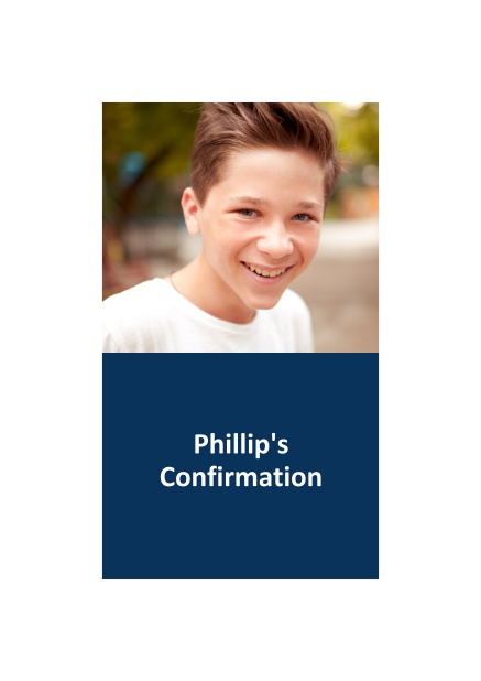 Online Confirmation invitation card in portrait format with customizable colored text box. Navy.