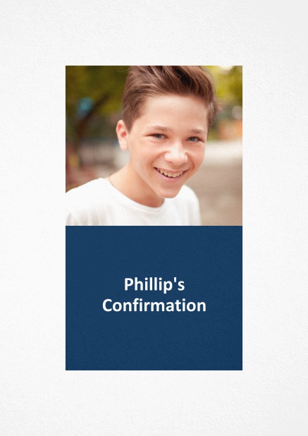 Confirmation invitation card in portrait format with customizable colored text box. Navy.
