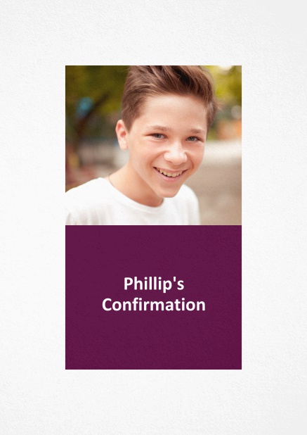 Confirmation invitation card in portrait format with customizable colored text box. Purple.
