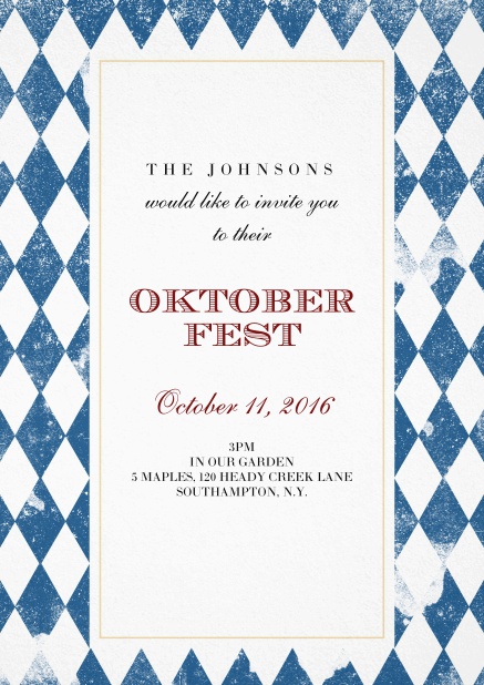 Oktoberfest paper invitation card with traditional Bavarian flag as frame.