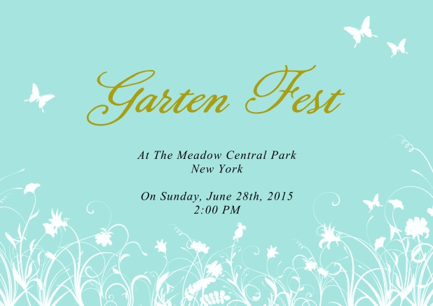 Einladungskarte zur Gartenparty mit Blumen und Schmetterlingen.