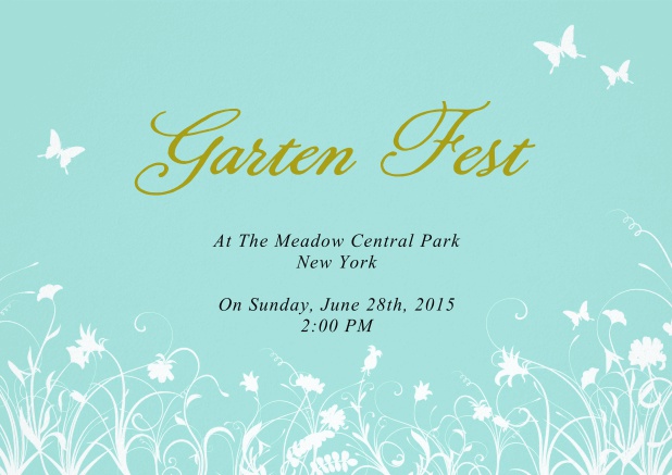 Einladungskarte zur Gartenparty mit Blumen und Schmetterlingen.