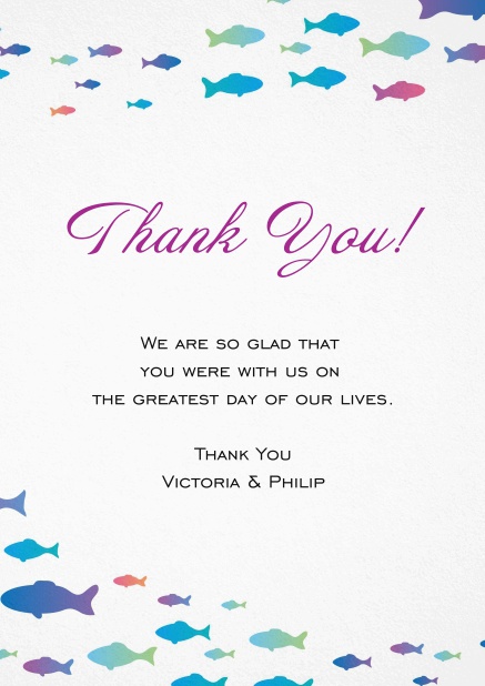 Thank you card with colorful fishes on top and bottom.