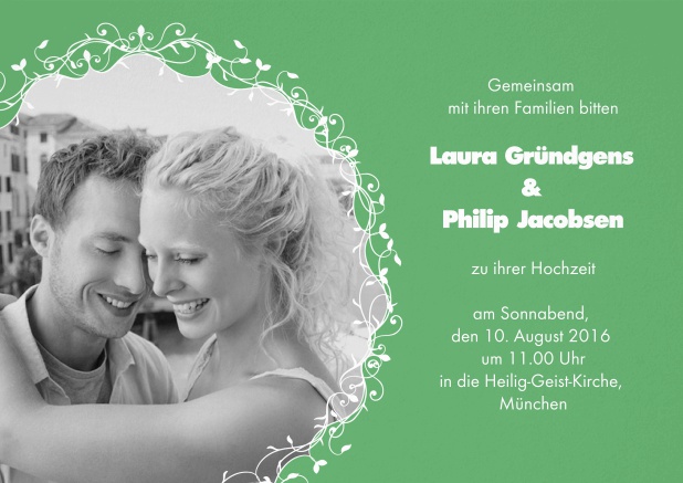 Grüne Hochzeitseinladungskarte mit rundem Foto.