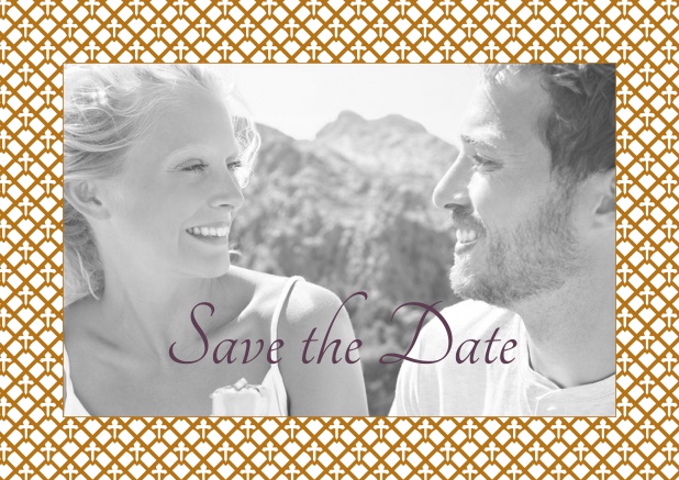 Online Wedding save the date with photo field and art-nouveau golden frame.