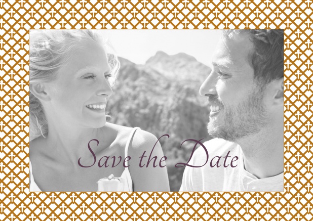 Online Hochzeits save the date mit Fotofeld und Jugendstil goldenen Rahmen.