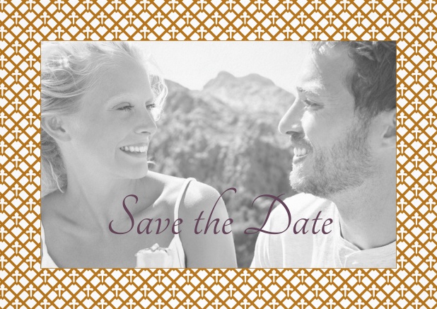 Wedding save the date with photo field and art-nouveau golden frame.