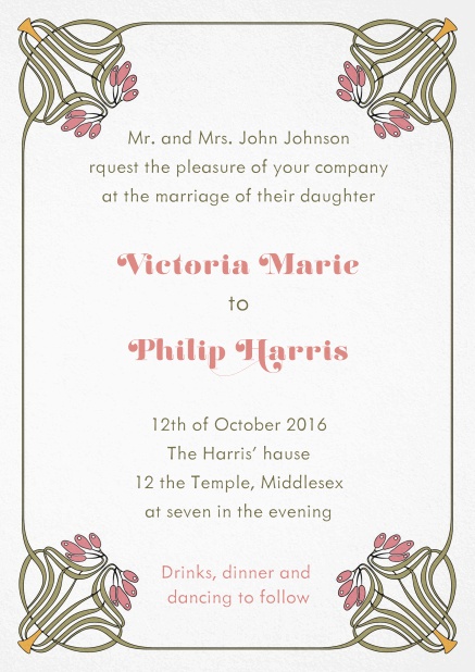 Hochzeitseinladungskarte mit Jugendstil Blumenornamente im Rahmen.