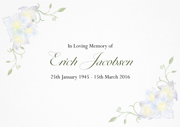 Memorial invitation card for saying good bye to a love one with flowers and photo.