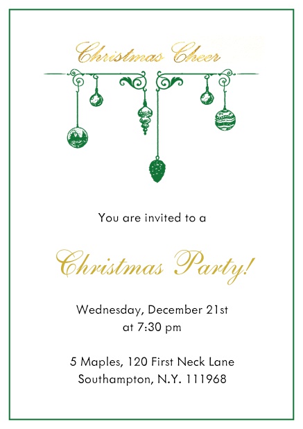 Online Christmas party invitation card with handing Christmas deco. Green.