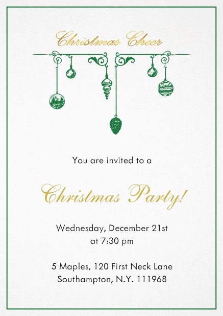 Christmas party invitation card with handing Christmas deco. Green.