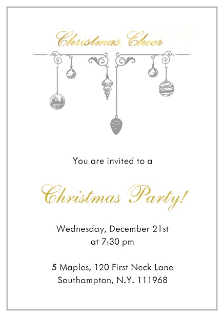 Online Christmas party invitation card with handing Christmas deco. Grey.