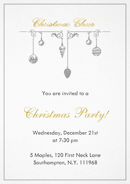 Christmas party invitation card with handing Christmas deco. Grey.