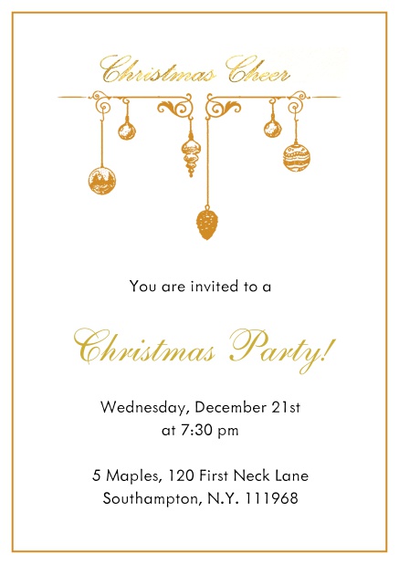 Online Christmas party invitation card with handing Christmas deco. Orange.