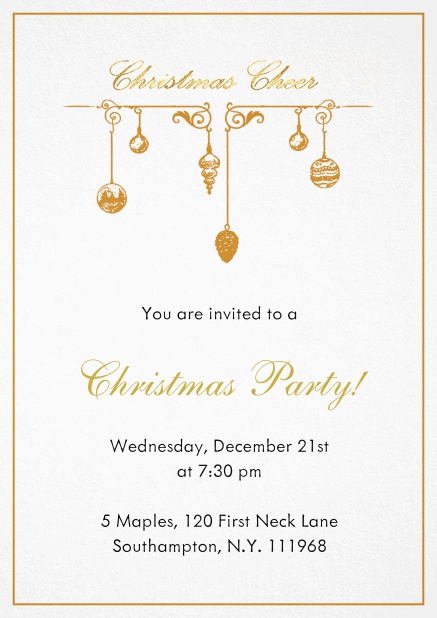 Christmas party invitation card with handing Christmas deco. Orange.
