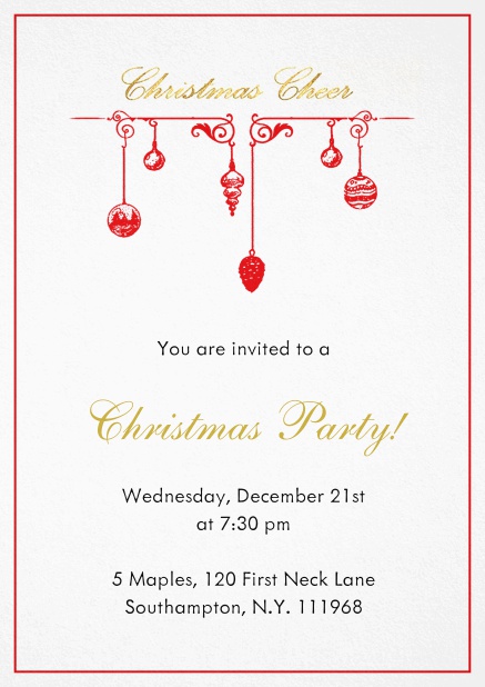 Christmas party invitation card with handing Christmas deco. Red.