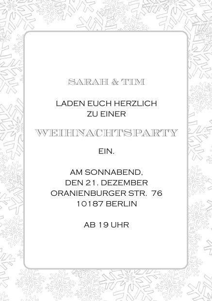 Online Weihnachtsfeier Einladung mit Rahmen aus Schneeflocken Grau.