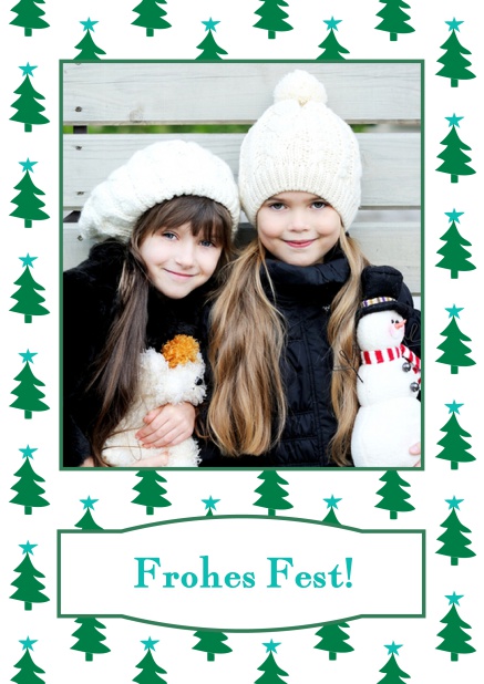 Online Weihnachtskarte mit Foto umrandet von Weihnachtsbäumen. Blau.