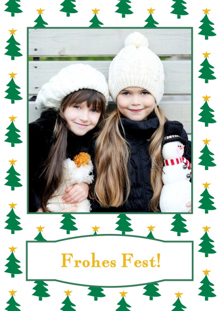 Online Weihnachtskarte mit Foto umrandet von Weihnachtsbäumen. Gelb.