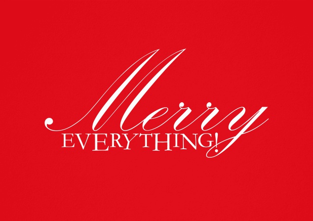 Season's Greetings card with Merry Everything wishes on colorful paper color. Red.