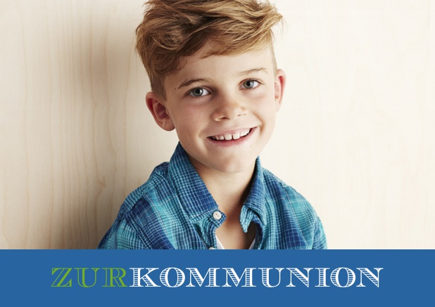 Online Einladungskarte zur Kommunion mit Foto Blau.