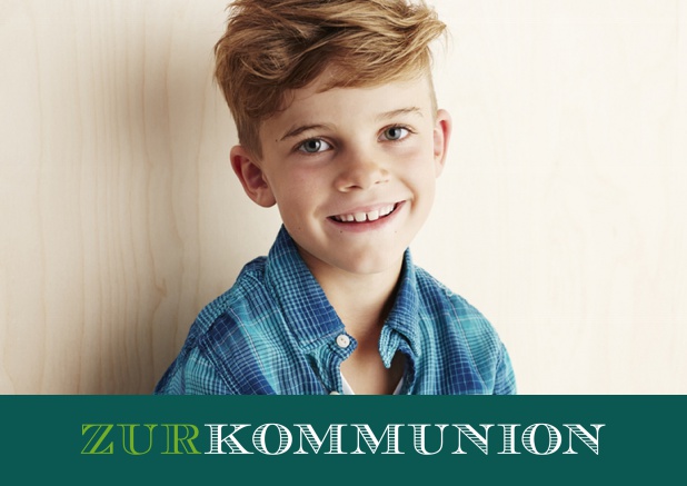 Online Einladungskarte zur Kommunion mit Foto Grün.