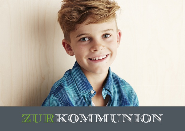 Online Einladungskarte zur Kommunion mit Foto Grau.