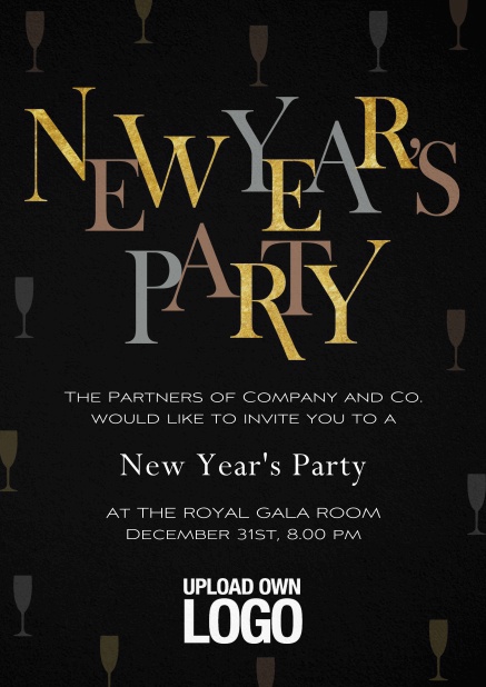 Dark New Years Party celebration card with gold and silver text.