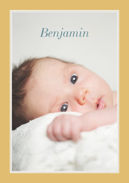 Online Birth announcement with photo and colorful frame and special flowers on the back. Gold.