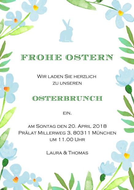 Eine fröhliches online Karte mit Rosa Blumen und einem Rosa Osterhasen, perfekt für Einladungen zu Ostern Blau.