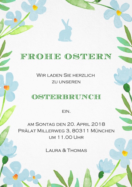 Ein fröhliches Design mit Rosa Blumen und einem Rosa Osterhasen, perfekt für Einladungen zu Ostern Blau.