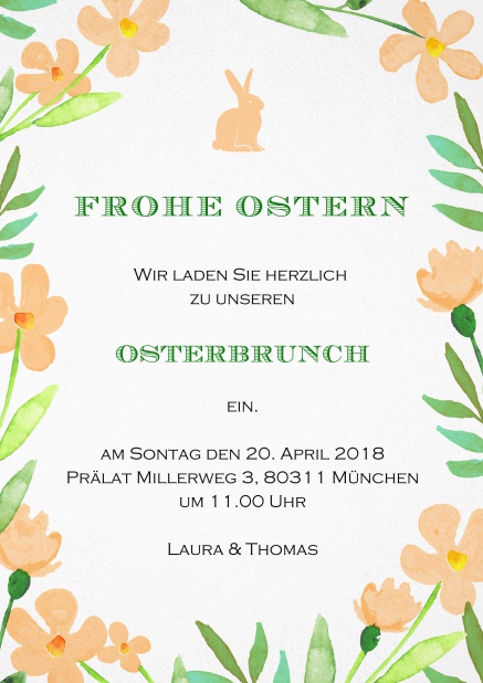 Ein fröhliches Design mit Rosa Blumen und einem Rosa Osterhasen, perfekt für Einladungen zu Ostern Orange.