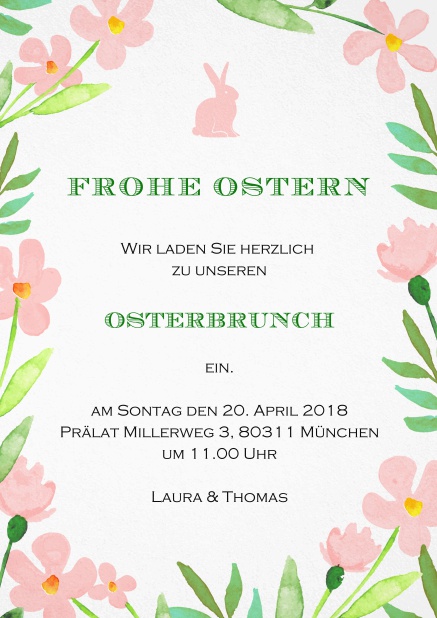 Ein fröhliches Design mit Rosa Blumen und einem Rosa Osterhasen, perfekt für Einladungen zu Ostern