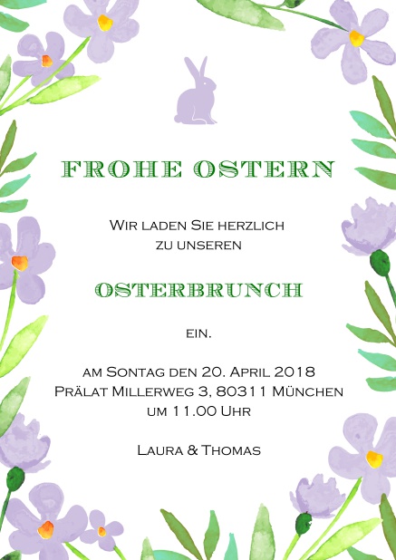 Eine fröhliches online Karte mit Rosa Blumen und einem Rosa Osterhasen, perfekt für Einladungen zu Ostern Lila.
