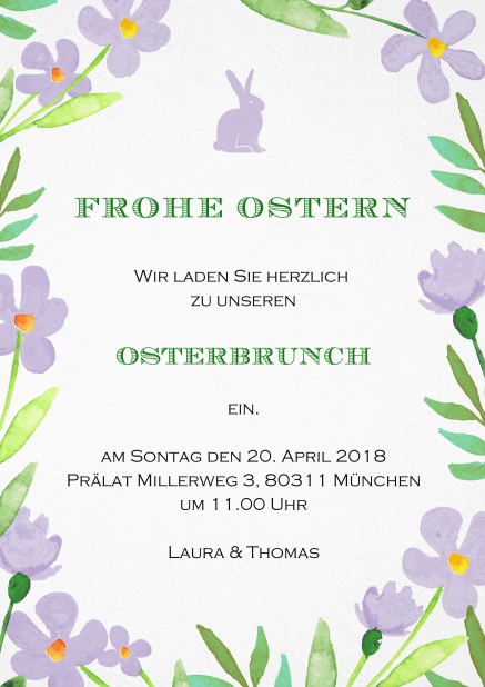 Ein fröhliches Design mit Rosa Blumen und einem Rosa Osterhasen, perfekt für Einladungen zu Ostern Lila.