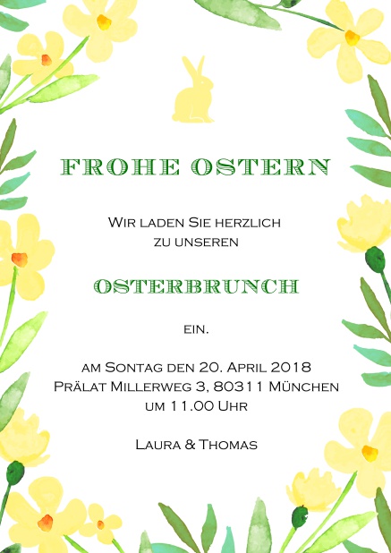 Eine fröhliches online Karte mit Rosa Blumen und einem Rosa Osterhasen, perfekt für Einladungen zu Ostern Gelb.
