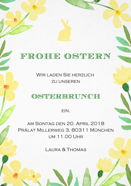 Ein fröhliches Design mit Rosa Blumen und einem Rosa Osterhasen, perfekt für Einladungen zu Ostern Gelb.