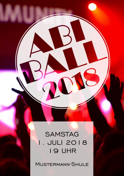 Online coole Einladungskarte zum Abiball 2018 mit transparenten Textfeldern über einem Foto.